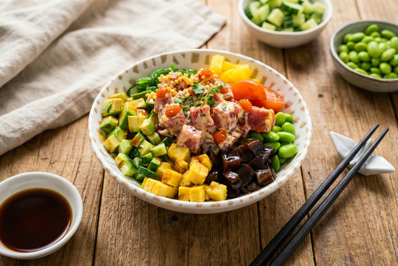 A colorful poke bowl with tuna, avocado, and edamame.